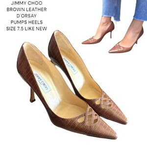 JIMMY CHOO BROWN LEATHER D'ORSAY POINTED TOE PUMPS HEELS 7.5/38 LIKE NEW